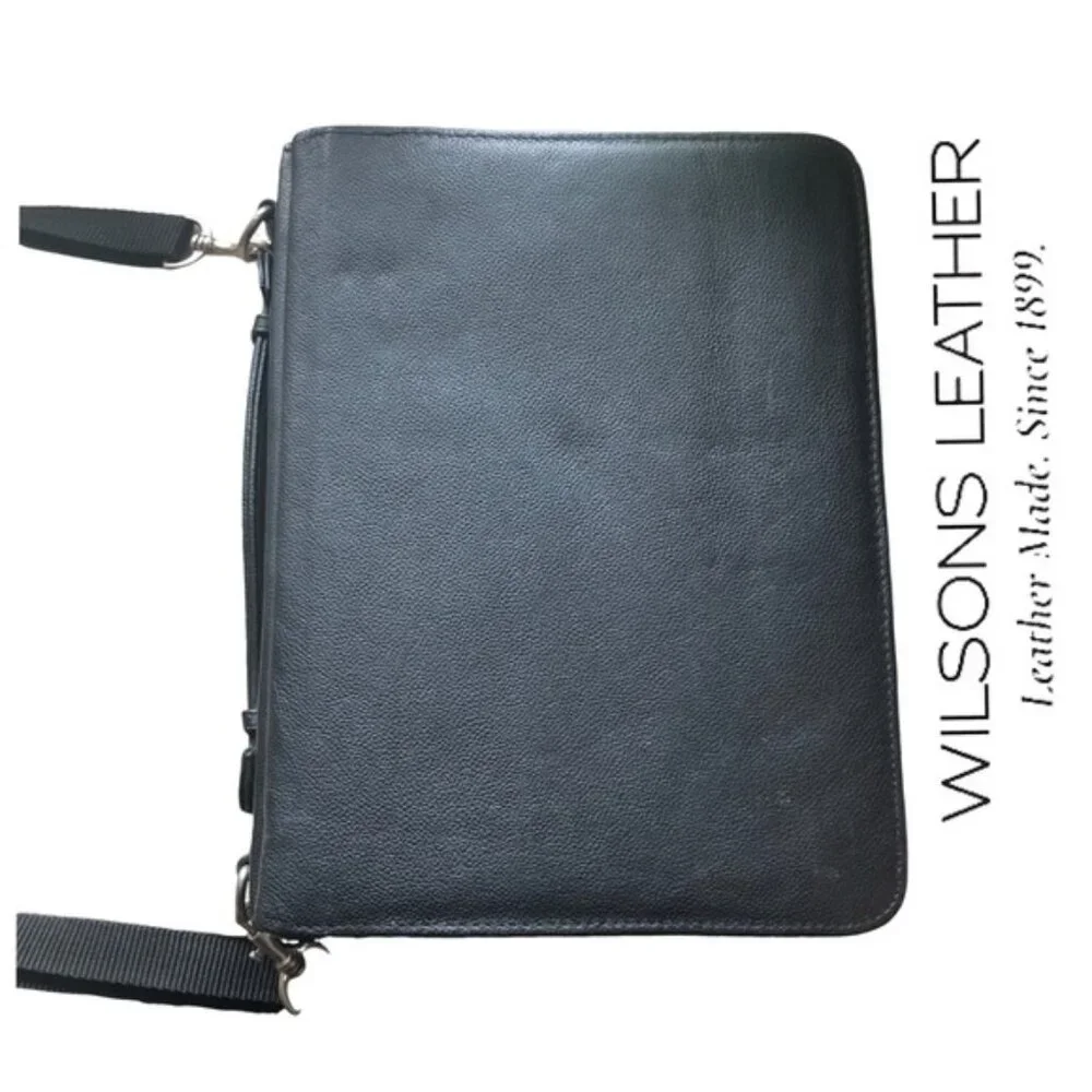 Wilsons Leather 2section Zippered Business PortfolioPadded Leather Carry Strap